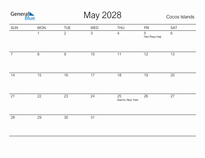 Printable May 2028 Calendar for Cocos Islands