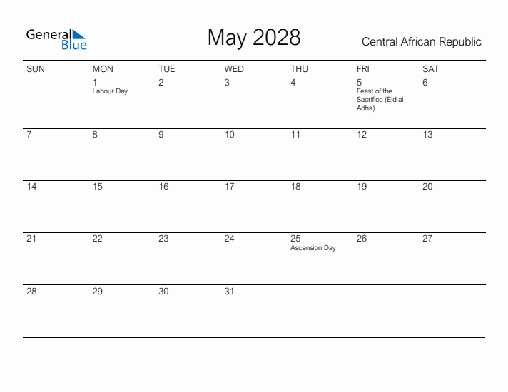 Printable May 2028 Calendar for Central African Republic