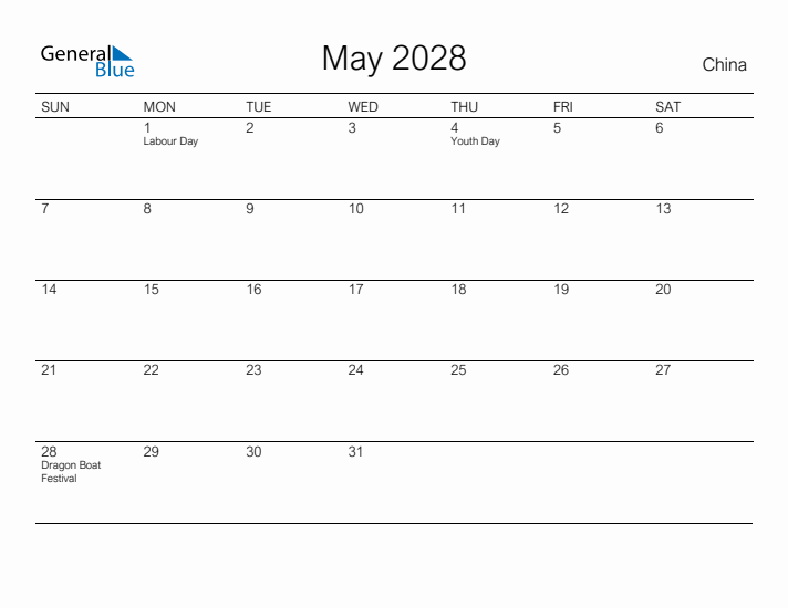 Printable May 2028 Calendar for China