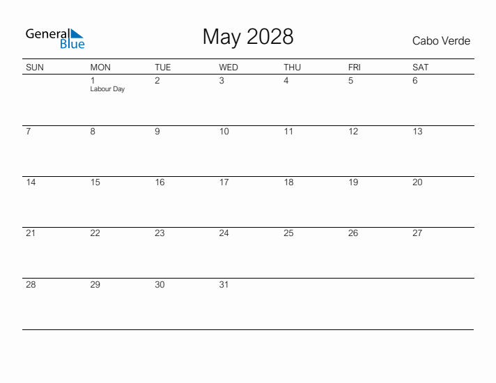 Printable May 2028 Calendar for Cabo Verde