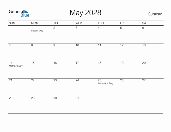 Printable May 2028 Calendar for Curacao