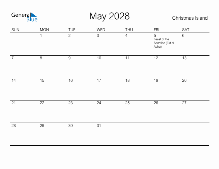 Printable May 2028 Calendar for Christmas Island