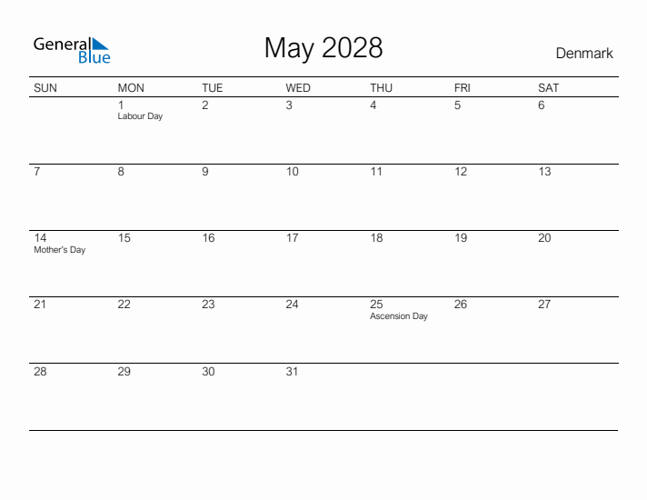 Printable May 2028 Calendar for Denmark