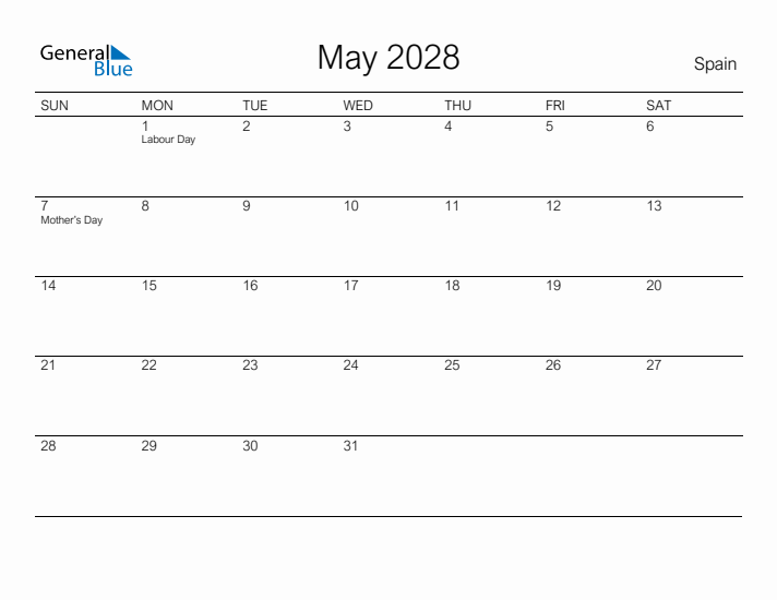 Printable May 2028 Calendar for Spain