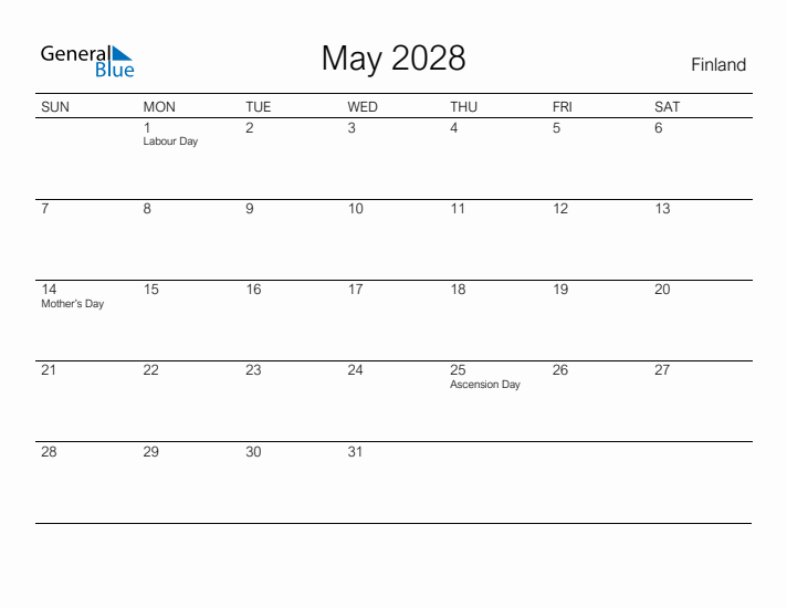 Printable May 2028 Calendar for Finland