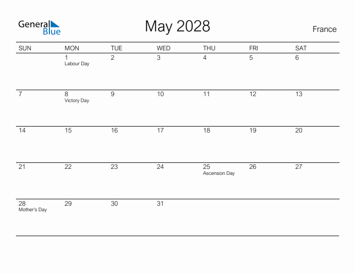 Printable May 2028 Calendar for France