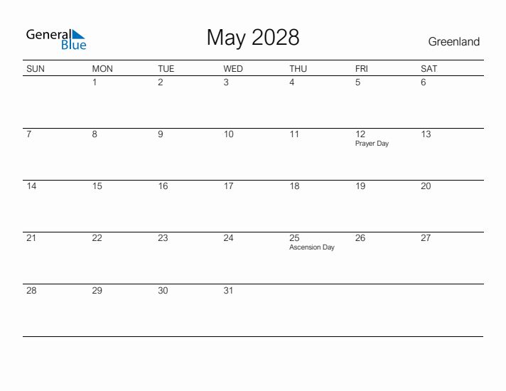 Printable May 2028 Calendar for Greenland