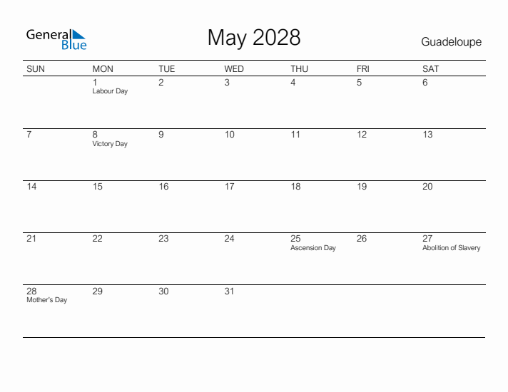 Printable May 2028 Calendar for Guadeloupe