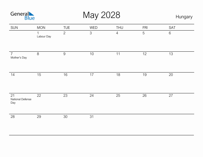 Printable May 2028 Calendar for Hungary