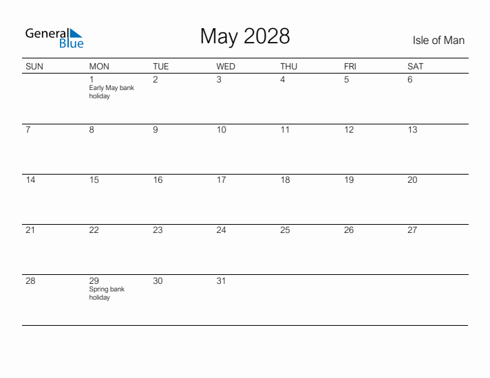 Printable May 2028 Calendar for Isle of Man