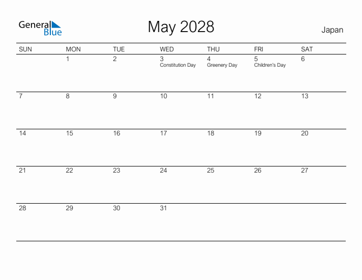 Printable May 2028 Calendar for Japan