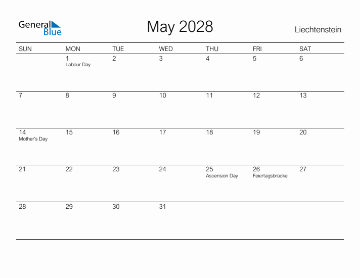 Printable May 2028 Calendar for Liechtenstein