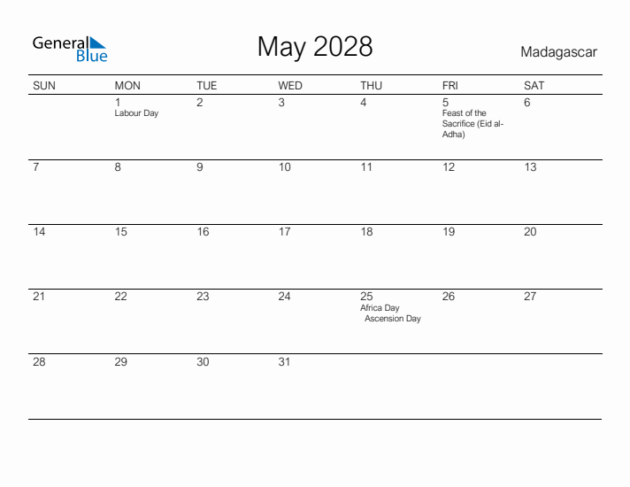 Printable May 2028 Calendar for Madagascar