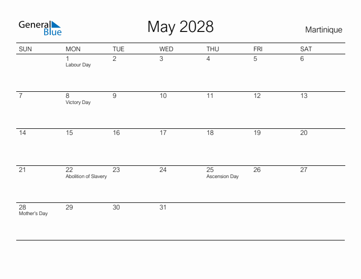 Printable May 2028 Calendar for Martinique