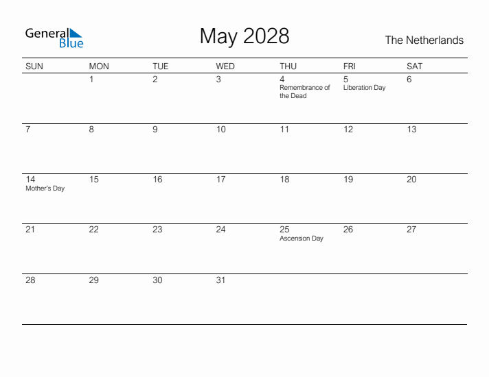 Printable May 2028 Calendar for The Netherlands