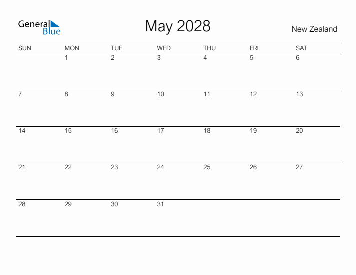 Printable May 2028 Calendar for New Zealand