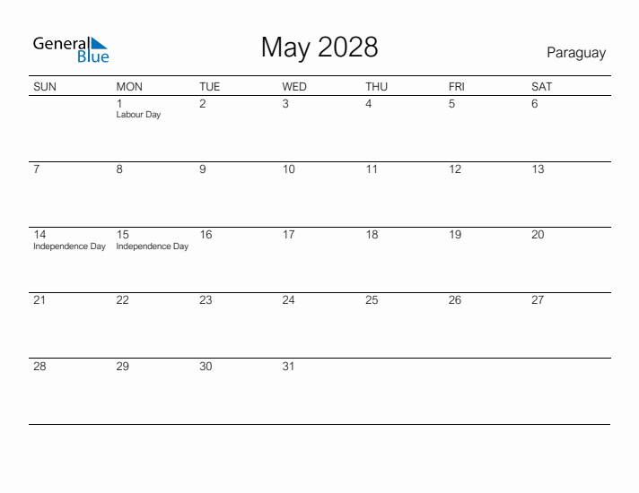 Printable May 2028 Calendar for Paraguay