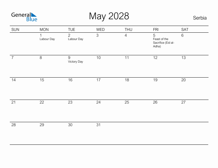 Printable May 2028 Calendar for Serbia