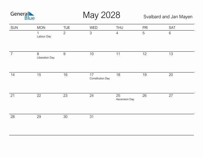 Printable May 2028 Calendar for Svalbard and Jan Mayen