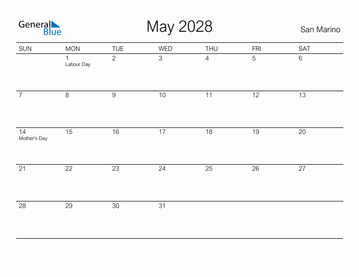 Printable May 2028 Calendar for San Marino