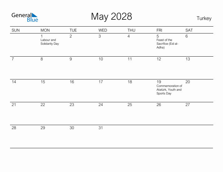 Printable May 2028 Calendar for Turkey