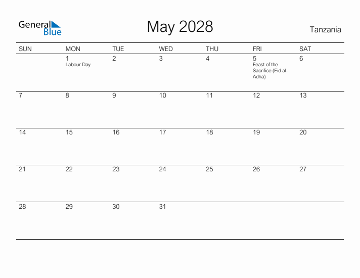 Printable May 2028 Calendar for Tanzania