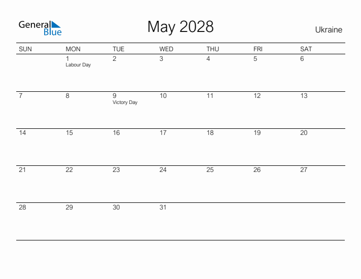 Printable May 2028 Calendar for Ukraine