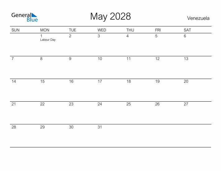 Printable May 2028 Calendar for Venezuela