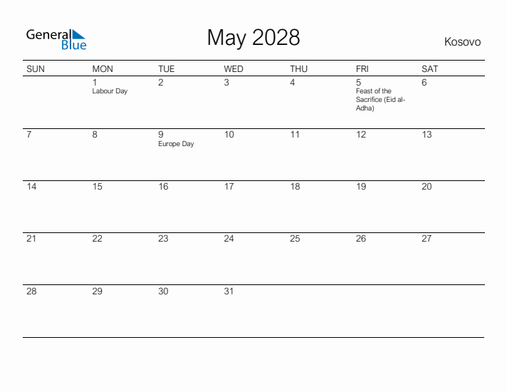 Printable May 2028 Calendar for Kosovo