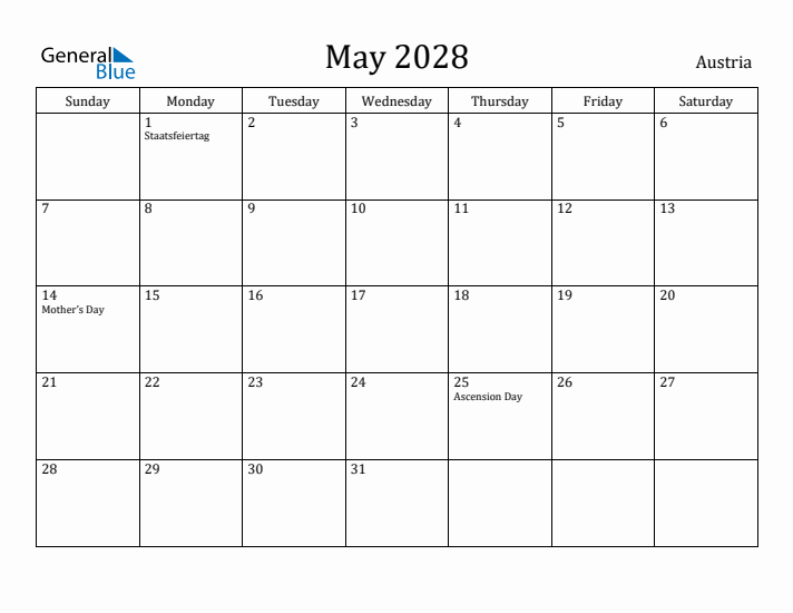 May 2028 Calendar Austria