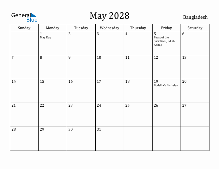 May 2028 Calendar Bangladesh