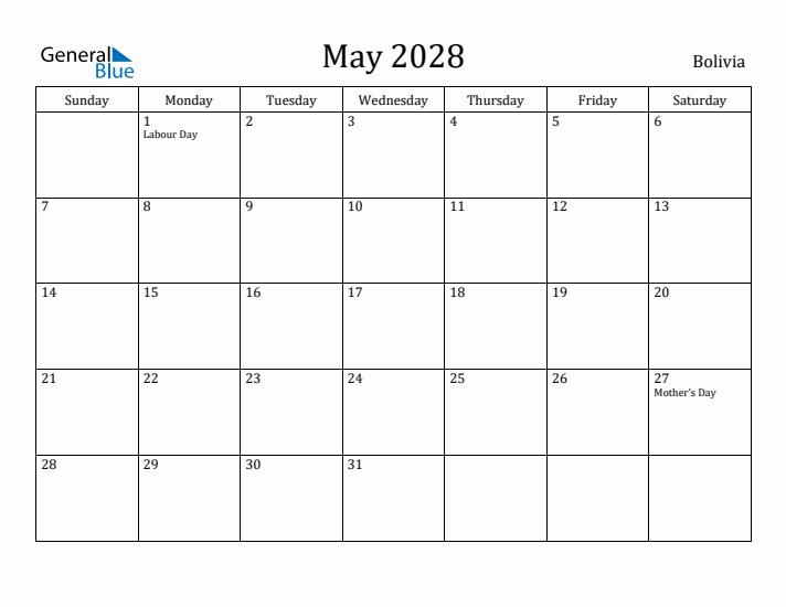 May 2028 Calendar Bolivia