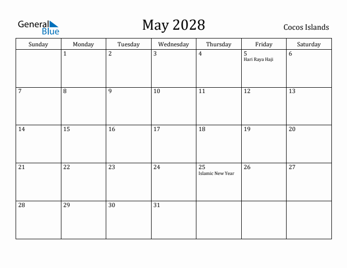 May 2028 Calendar Cocos Islands