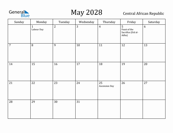 May 2028 Calendar Central African Republic