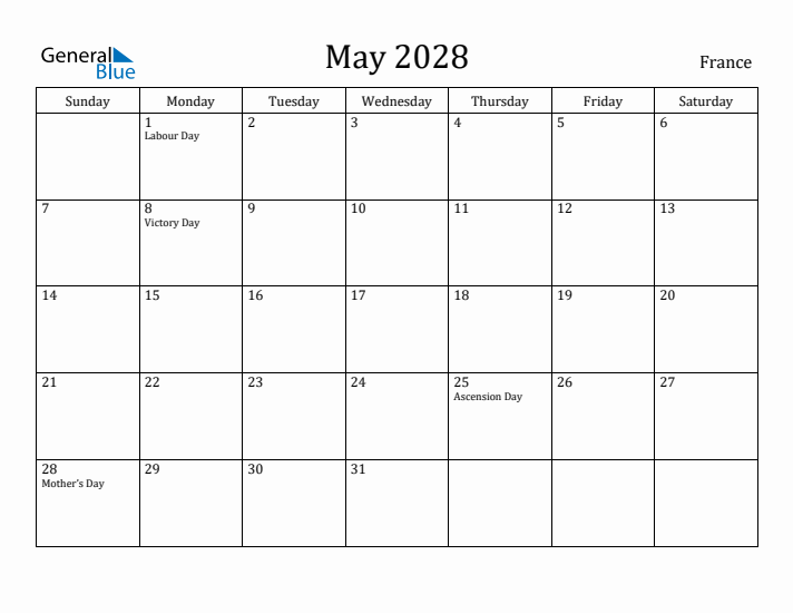 May 2028 Calendar France