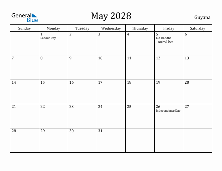 May 2028 Calendar Guyana