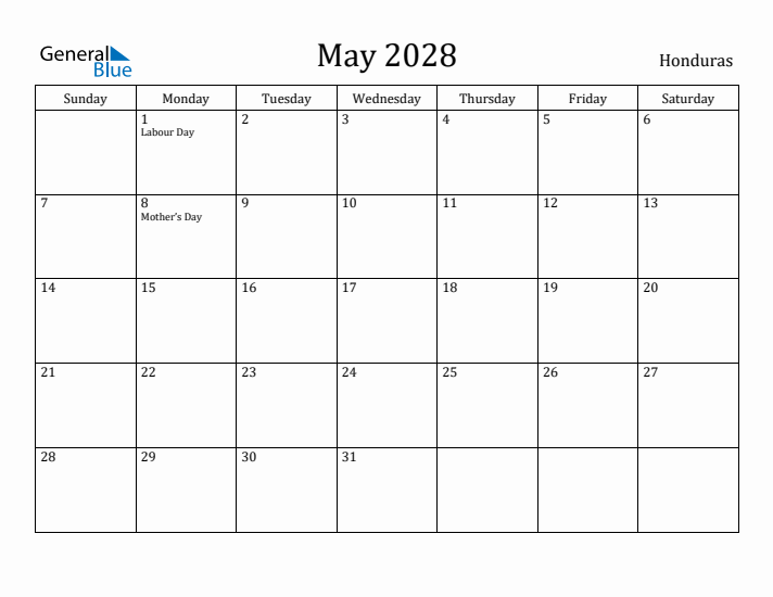 May 2028 Calendar Honduras