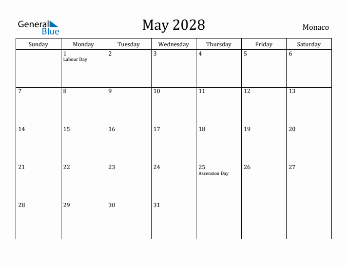 May 2028 Calendar Monaco