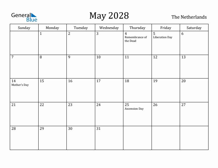 May 2028 Calendar The Netherlands