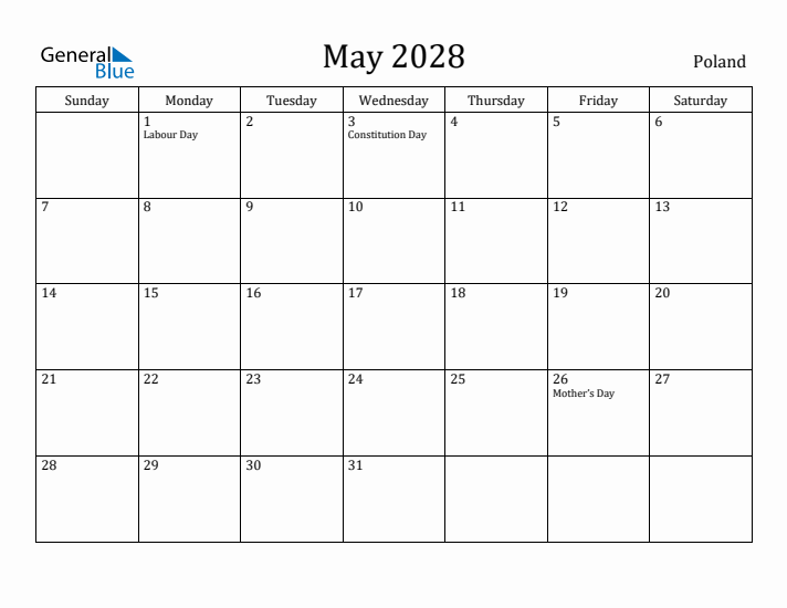 May 2028 Calendar Poland