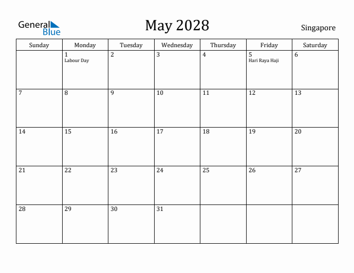 May 2028 Calendar Singapore