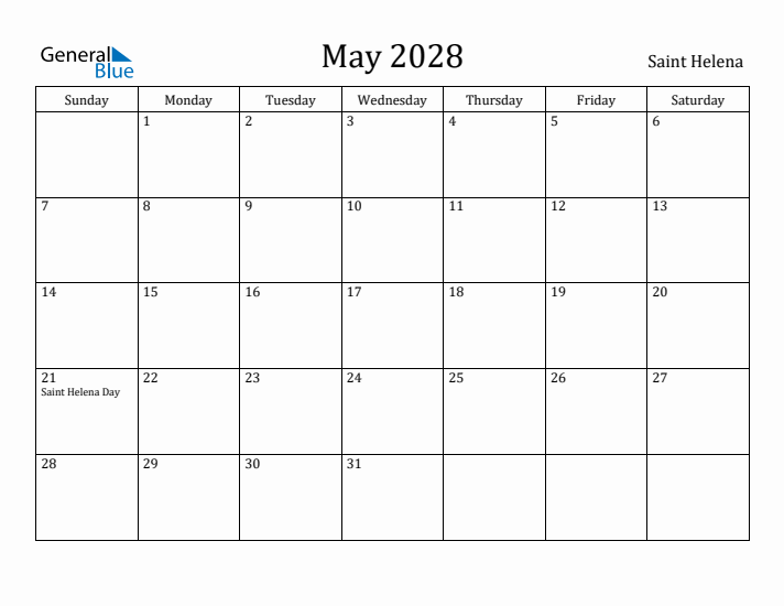 May 2028 Calendar Saint Helena