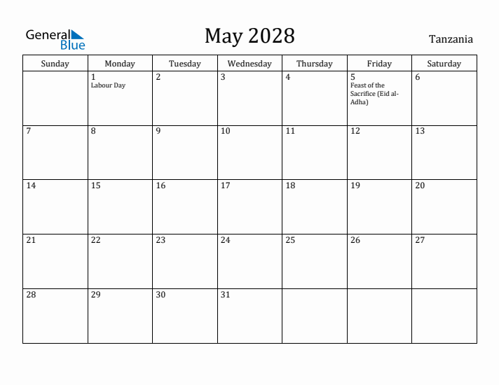 May 2028 Calendar Tanzania