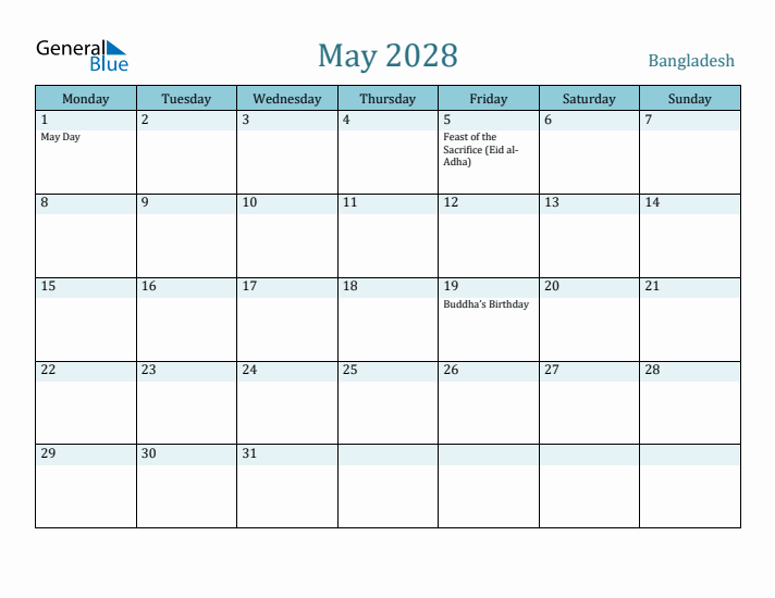 May 2028 Calendar with Holidays