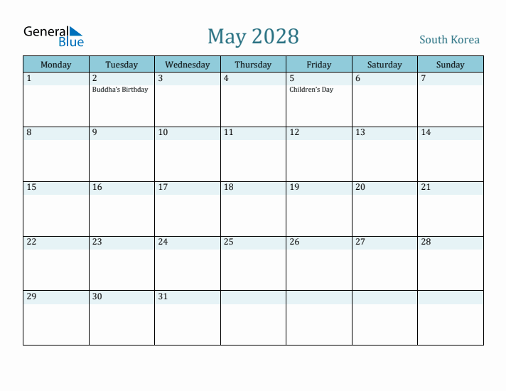 May 2028 Calendar with Holidays