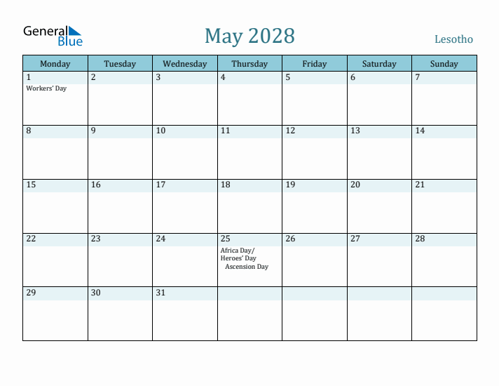 May 2028 Calendar with Holidays