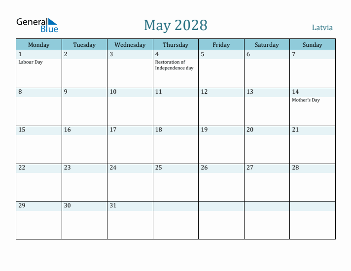 May 2028 Calendar with Holidays