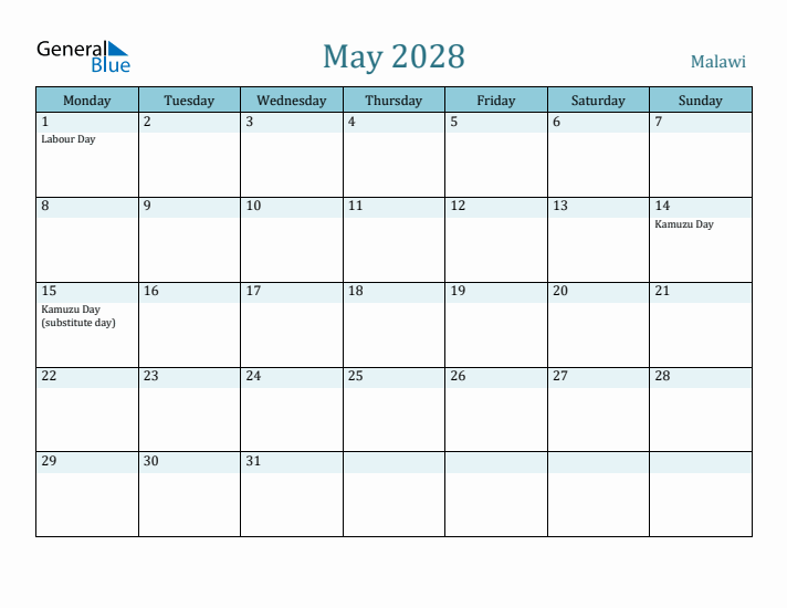 May 2028 Calendar with Holidays