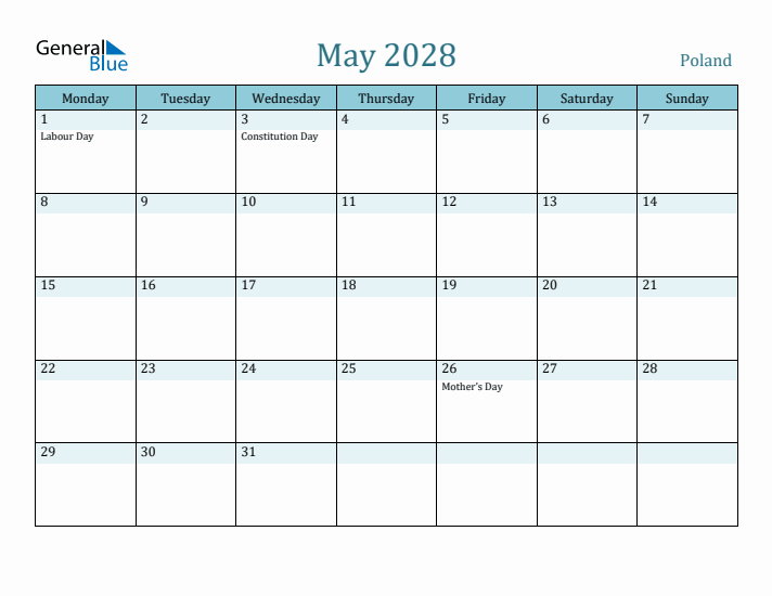 May 2028 Calendar with Holidays