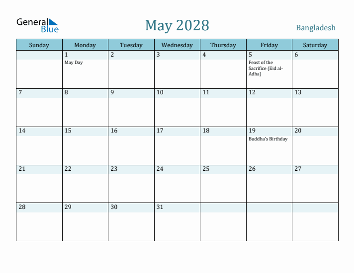 May 2028 Calendar with Holidays